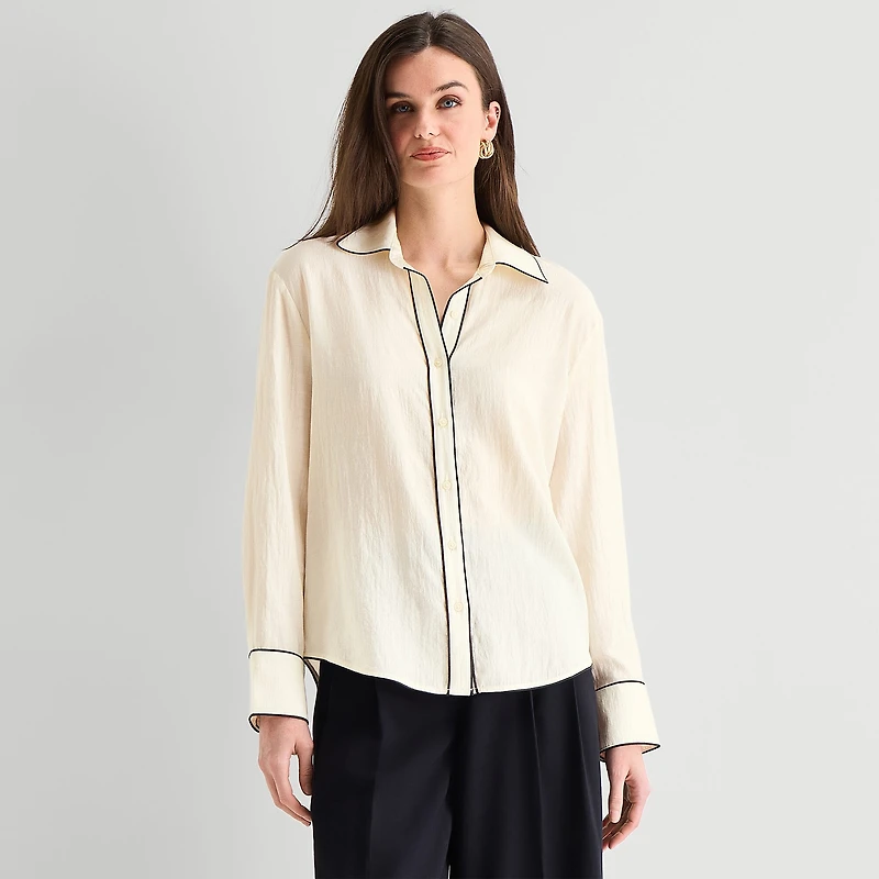 Worthington Womens Cuffed Long Sleeve Loose Fit Button-Down Shirt