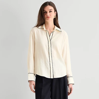 Worthington Womens Cuffed Long Sleeve Loose Fit Button-Down Shirt