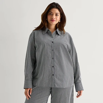 Worthington Womens Plus Cuffed Long Sleeve Relaxed Fit Button-Down Shirt