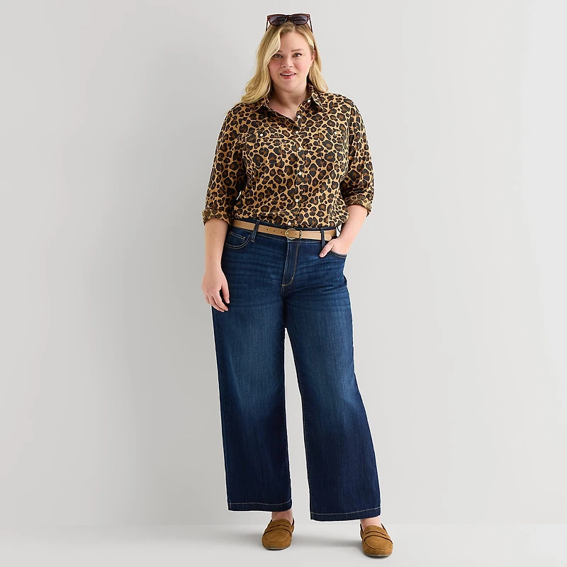 St. John's Bay Womens Plus Cuffed Long Sleeve Regular Fit Button-Down Shirt