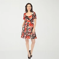 White Mark Square Neck Short Sleeve Floral Womens Flutter Fit + Flare Dress