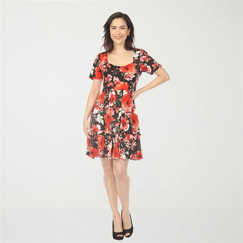 White Mark Square Neck Short Sleeve Floral Womens Flutter Fit + Flare Dress