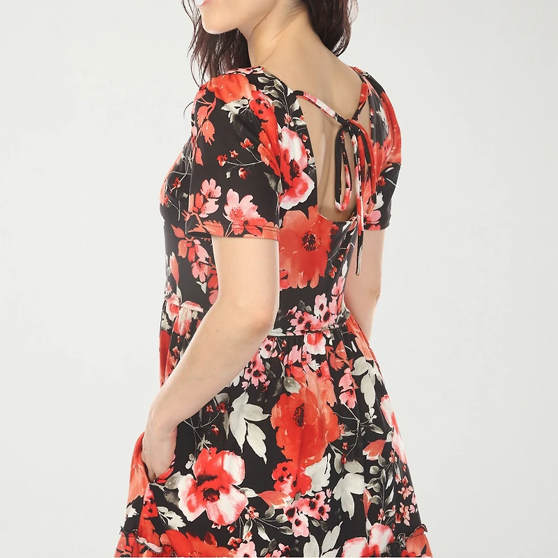 White Mark Square Neck Short Sleeve Floral Womens Flutter Fit + Flare Dress