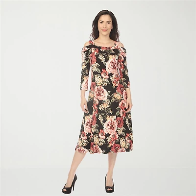 White Mark Cold Shoulder Womens Midi Square Neck 3/4 Sleeve Floral A-Line Dress