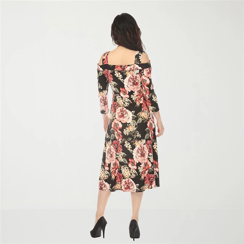 White Mark Cold Shoulder Womens Midi Square Neck 3/4 Sleeve Floral A-Line Dress