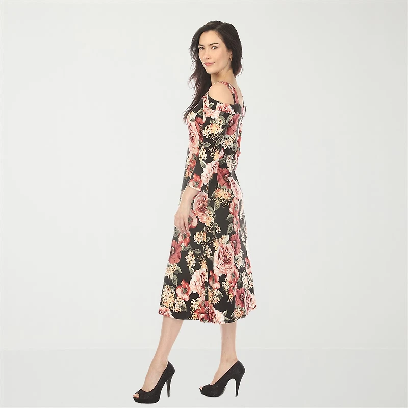White Mark Cold Shoulder Womens Midi Square Neck 3/4 Sleeve Floral A-Line Dress