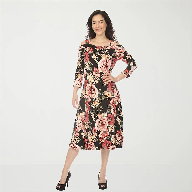White Mark Cold Shoulder Womens Midi Square Neck 3/4 Sleeve Floral A-Line Dress