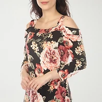 White Mark Cold Shoulder Womens Midi Square Neck 3/4 Sleeve Floral A-Line Dress