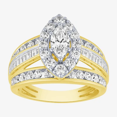 (G / Si2) Womens 2 CT. T.W. Lab Grown White Diamond 10K Gold Side Stone Halo Engagement Ring