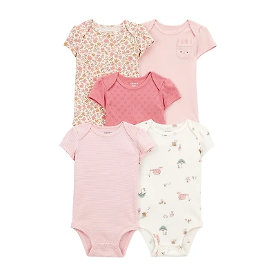 Carter's Baby Girls Round Neck Short Sleeve Rib 5-pc. Bodysuit