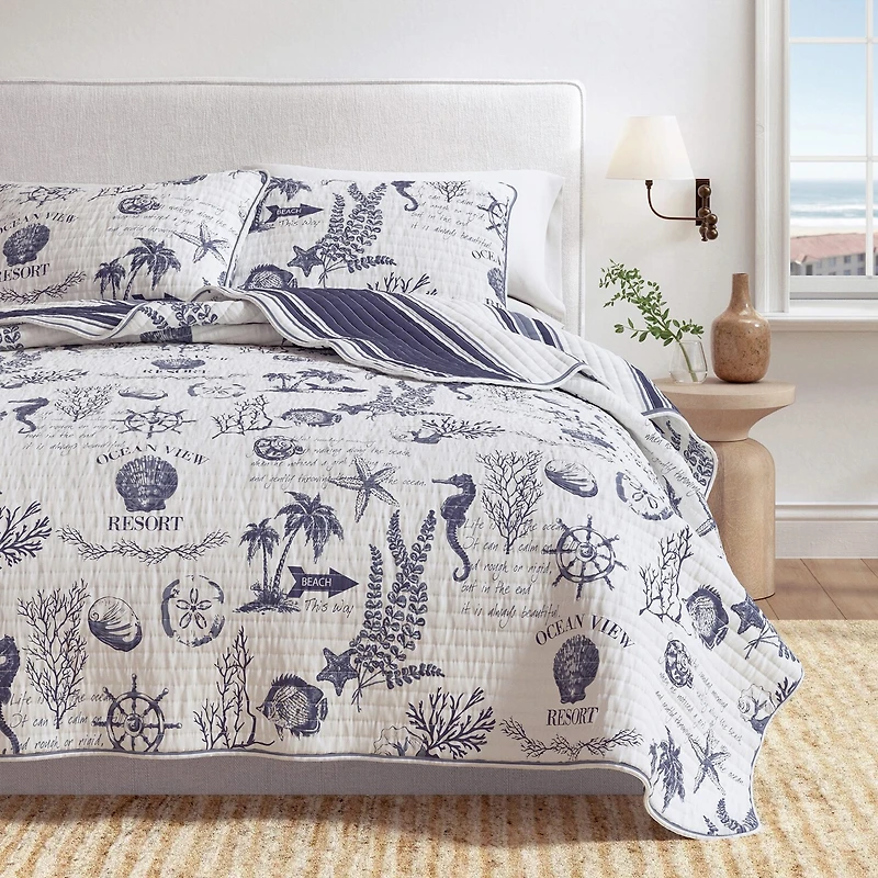 Linery Coastal Printed Cotton Reversible Quilt Set