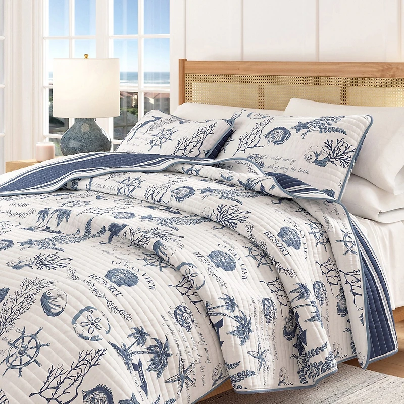 Linery Coastal Printed Cotton Reversible Quilt Set