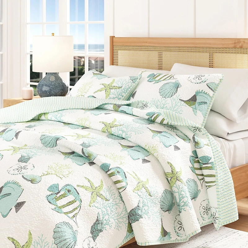 Linery Fish Coral Reversible Quilt Set