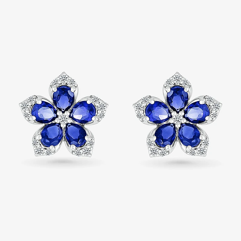 Womens Lab Created Blue Sapphire & 1/5 CT. T.W. Genuine Diamond Sterling Silver 12.3mm Flower Stud Earrings