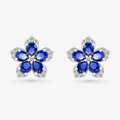 Womens Lab Created Blue Sapphire & 1/5 CT. T.W. Genuine Diamond Sterling Silver 12.3mm Flower Stud Earrings