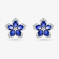 Womens Lab Created Blue Sapphire & 1/5 CT. T.W. Genuine Diamond Sterling Silver 12.3mm Flower Stud Earrings