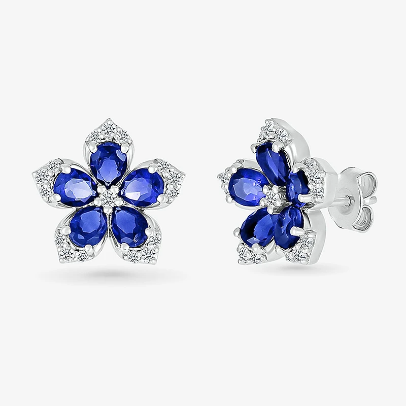 Womens Lab Created Blue Sapphire & 1/5 CT. T.W. Genuine Diamond Sterling Silver 12.3mm Flower Stud Earrings