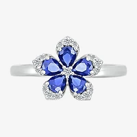 Womens Diamond Accent Lab Created Blue Sapphire Sterling Silver Flower Cocktail Ring