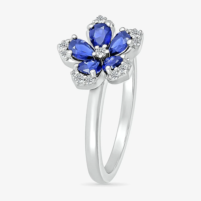 Womens Diamond Accent Lab Created Blue Sapphire Sterling Silver Flower Cocktail Ring