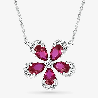 Womens Lab Created Red Ruby Sterling Silver Flower 18 Inch Pendant Necklace