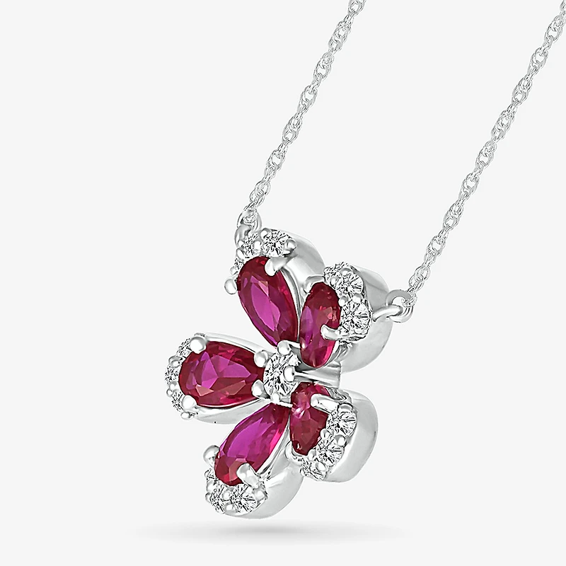 Womens Lab Created Red Ruby Sterling Silver Flower 18 Inch Pendant Necklace