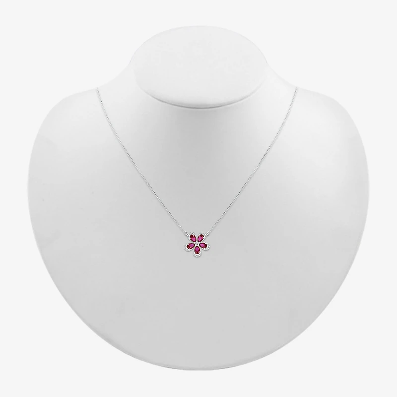 Womens Lab Created Red Ruby Sterling Silver Flower 18 Inch Pendant Necklace