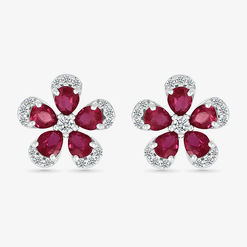 Lab Created Red Ruby Sterling Silver 12.5mm Flower Stud Earrings