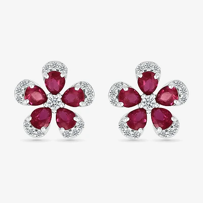 Lab Created Red Ruby Sterling Silver 12.5mm Flower Stud Earrings