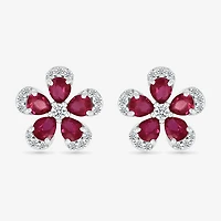 Lab Created Red Ruby Sterling Silver 12.5mm Flower Stud Earrings
