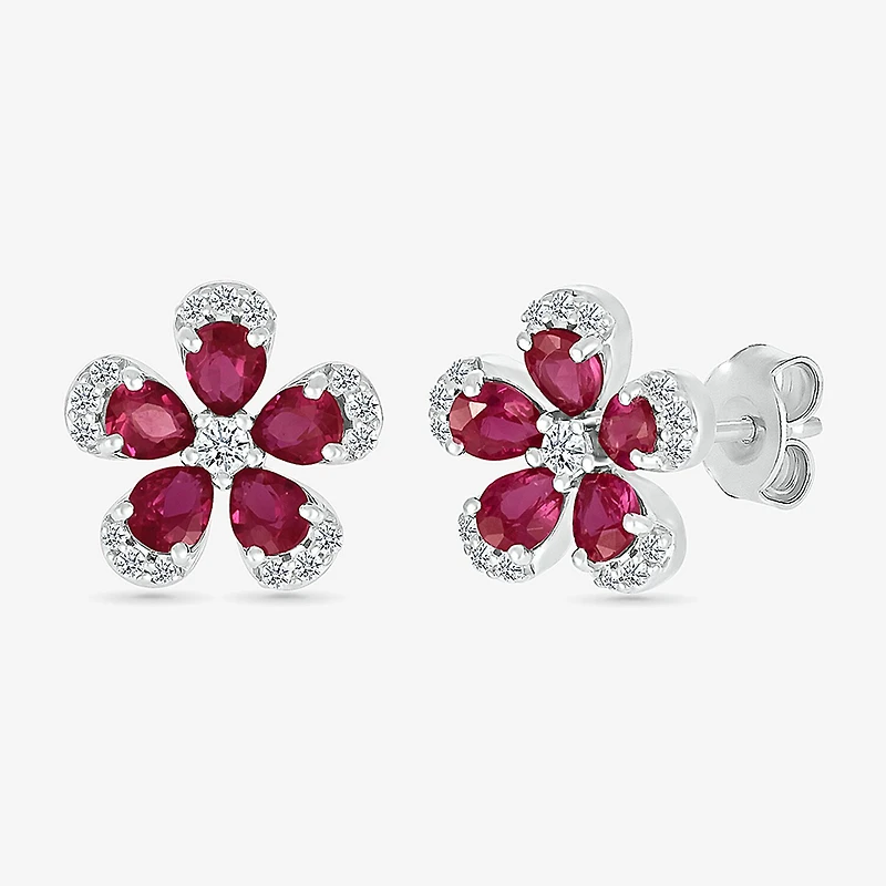 Lab Created Red Ruby Sterling Silver 12.5mm Flower Stud Earrings
