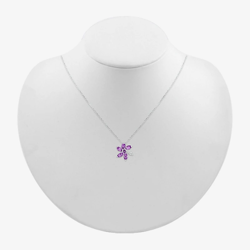 Womens Genuine Purple Amethyst Sterling Silver Flower 18 Inch Pendant Necklace