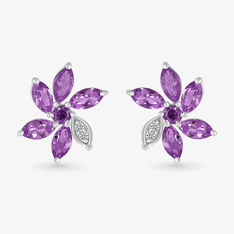Genuine Purple Amethyst Sterling Silver 11.5mm Flower Stud Earrings