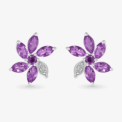 Genuine Purple Amethyst Sterling Silver 11.5mm Flower Stud Earrings