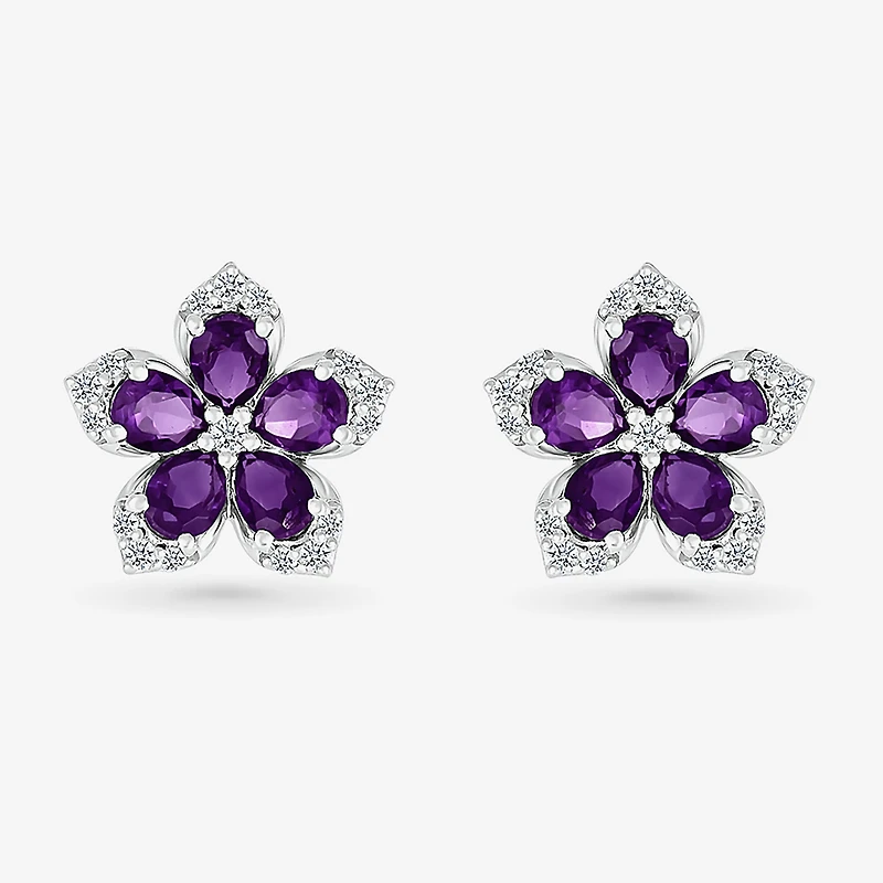 Genuine Purple Amethyst Sterling Silver 12.3mm Flower Stud Earrings