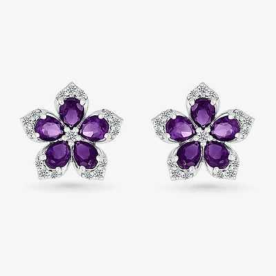 Genuine Purple Amethyst Sterling Silver 12.3mm Flower Stud Earrings