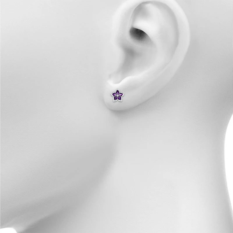 Genuine Purple Amethyst Sterling Silver 12.3mm Flower Stud Earrings