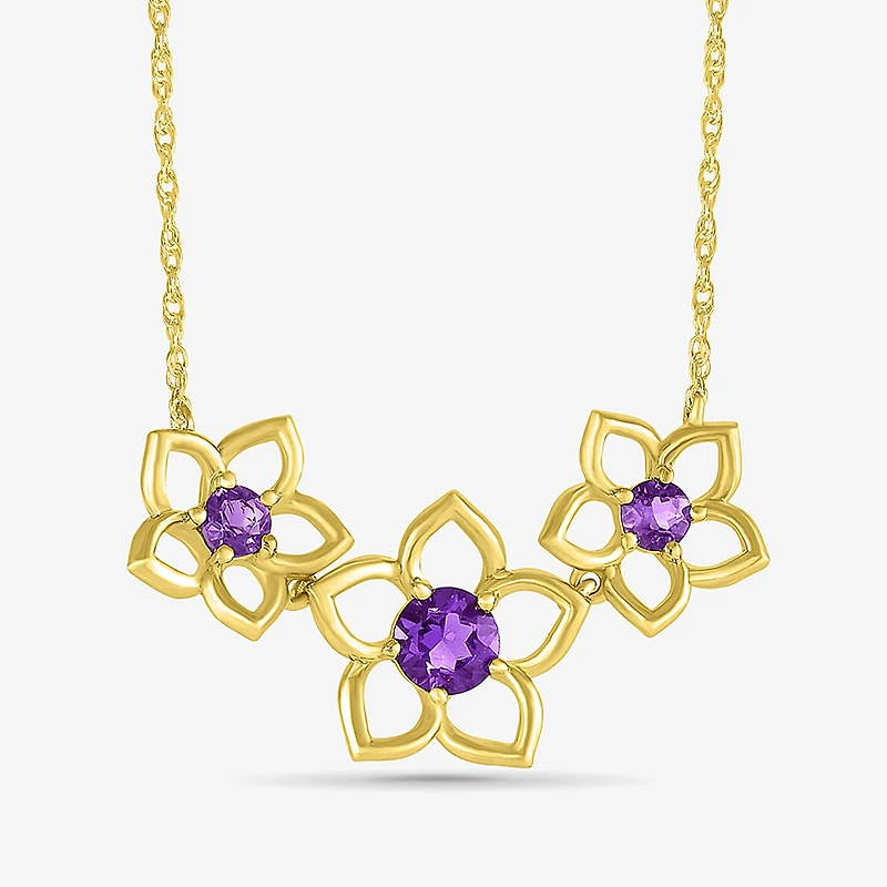 Womens Genuine Purple Amethyst 10K Gold Flower 18 Inch Pendant Necklace