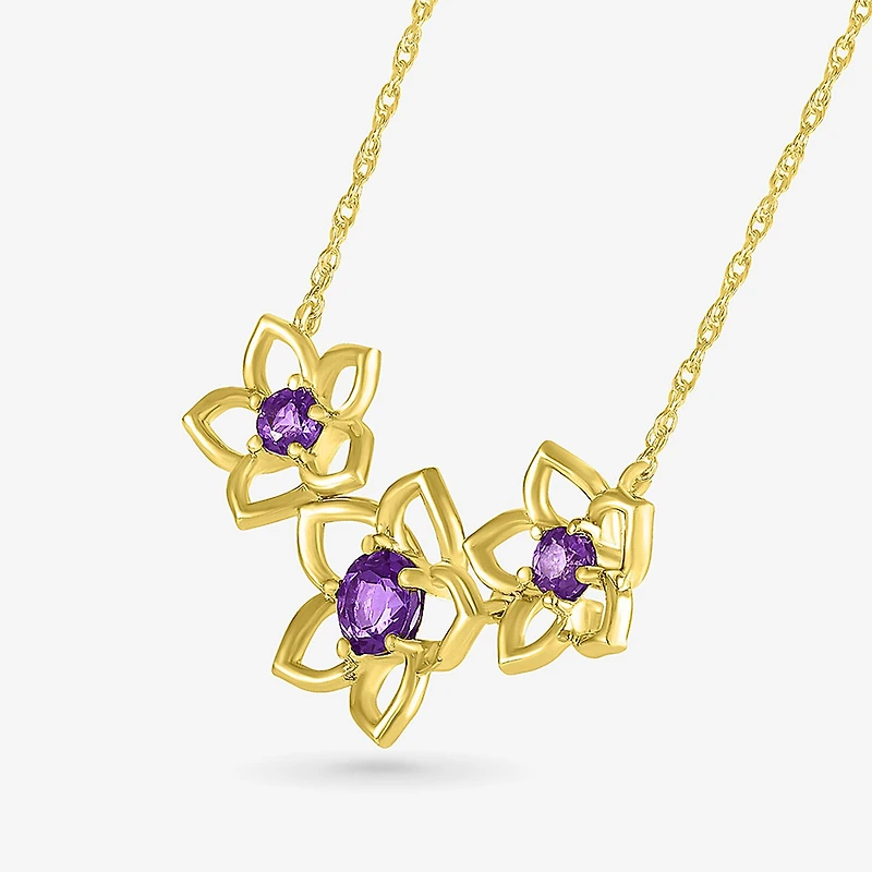 Womens Genuine Purple Amethyst 10K Gold Flower 18 Inch Pendant Necklace
