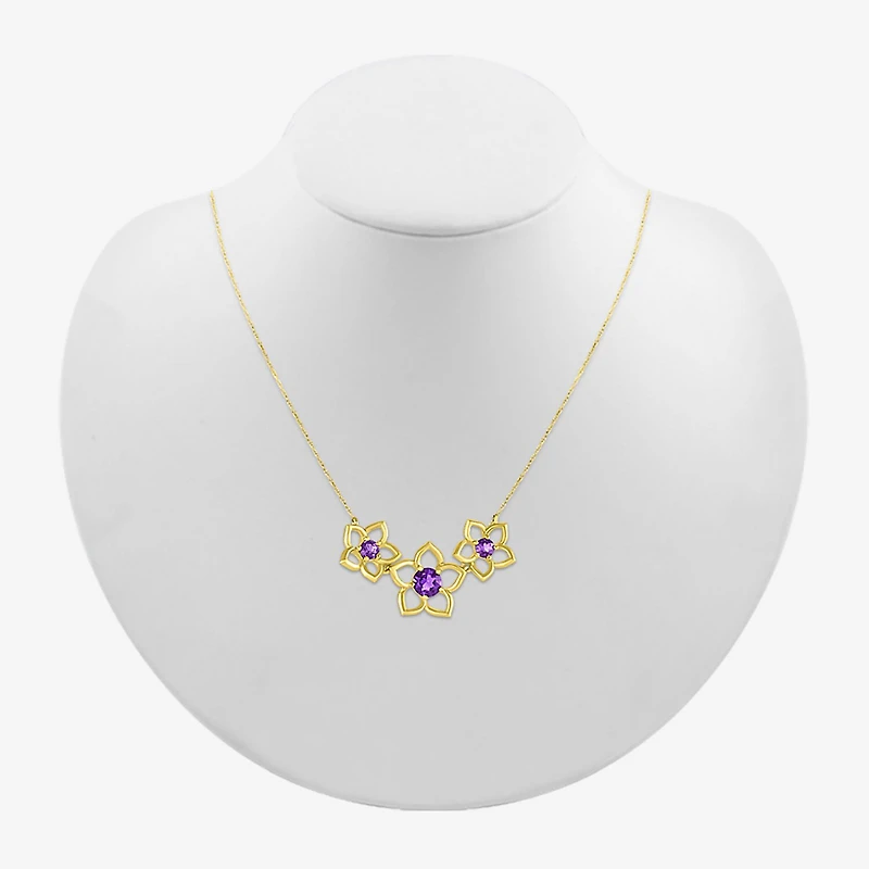 Womens Genuine Purple Amethyst 10K Gold Flower 18 Inch Pendant Necklace