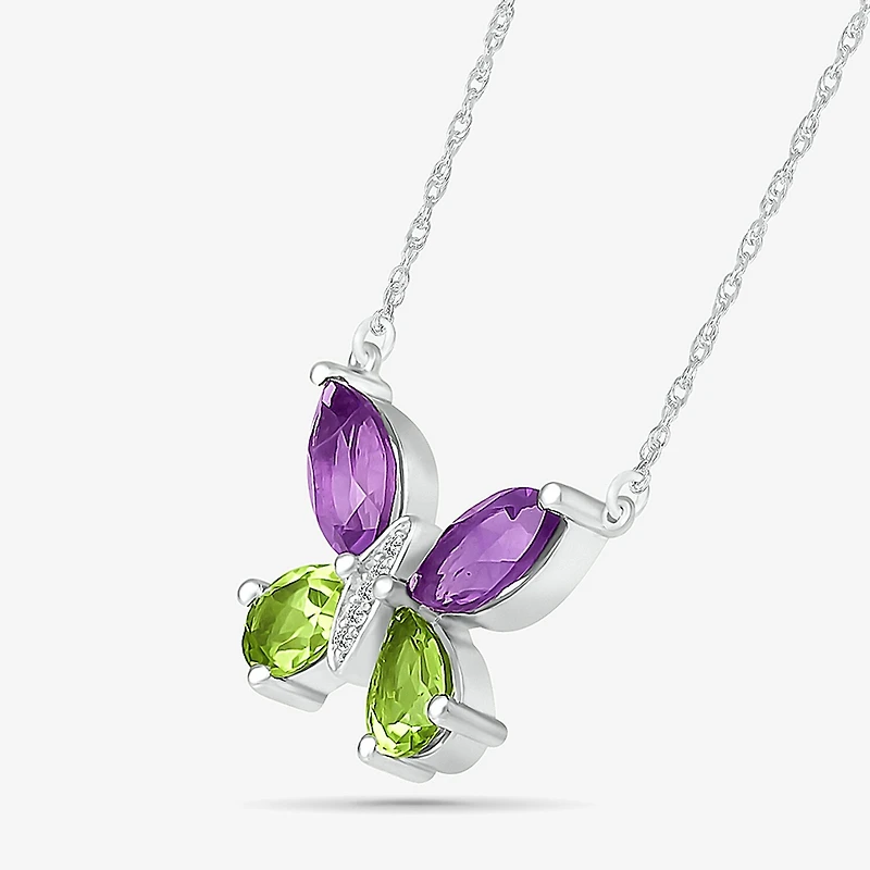 Womens Diamond Accent Genuine Purple Amethyst Sterling Silver Butterfly 18 Inch Pendant Necklace