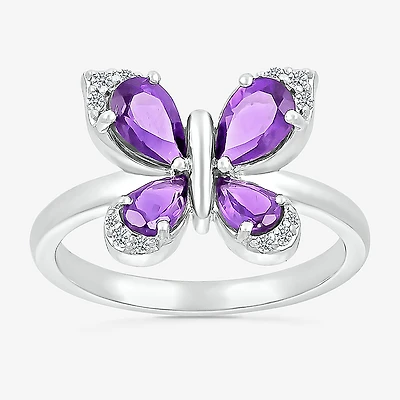 Womens Genuine Purple Amethyst Sterling Silver Butterfly Cocktail Ring