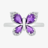Womens Genuine Purple Amethyst Sterling Silver Butterfly Cocktail Ring