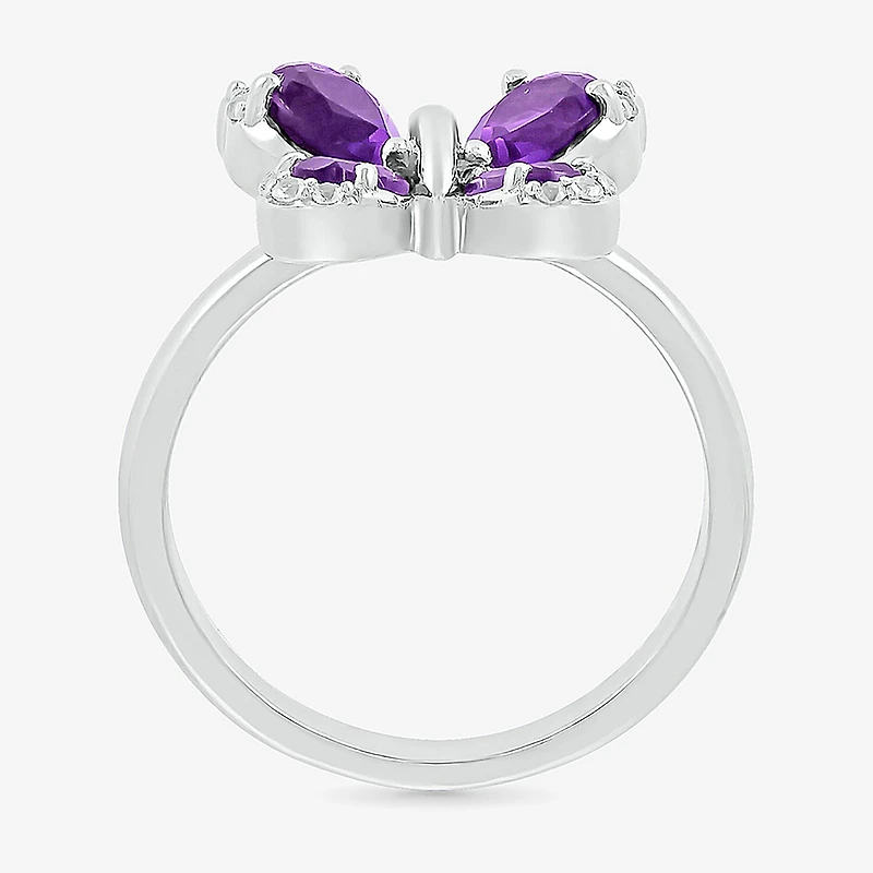 Womens Genuine Purple Amethyst Sterling Silver Butterfly Cocktail Ring