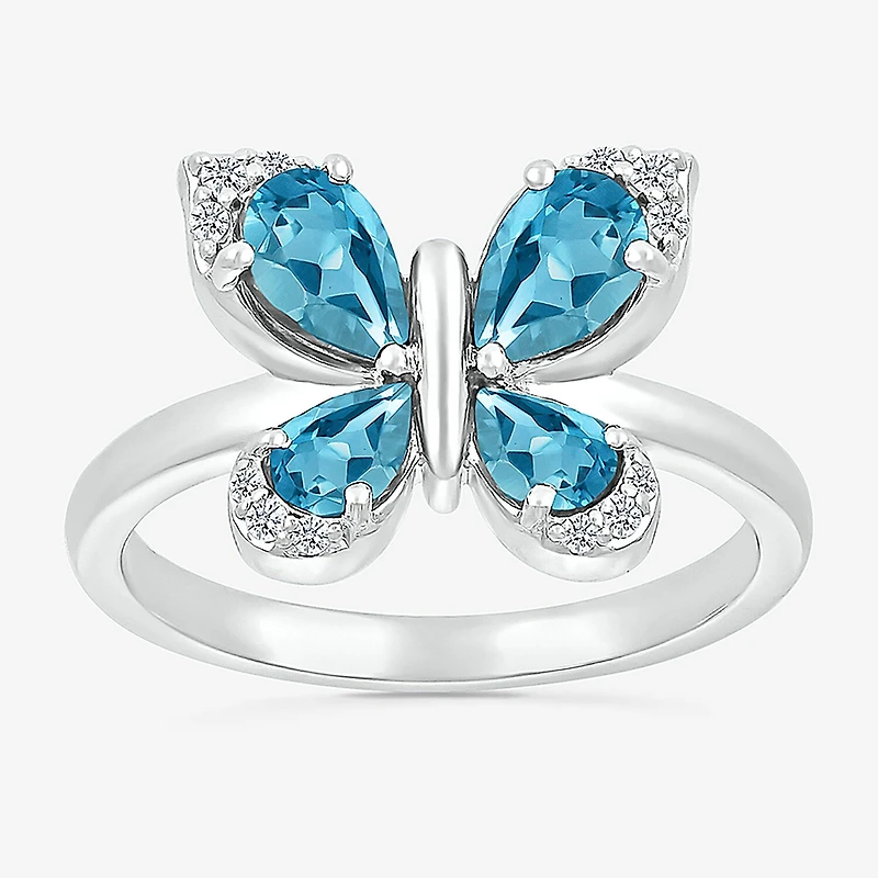 Womens Genuine Blue Topaz Sterling Silver Butterfly Cocktail Ring