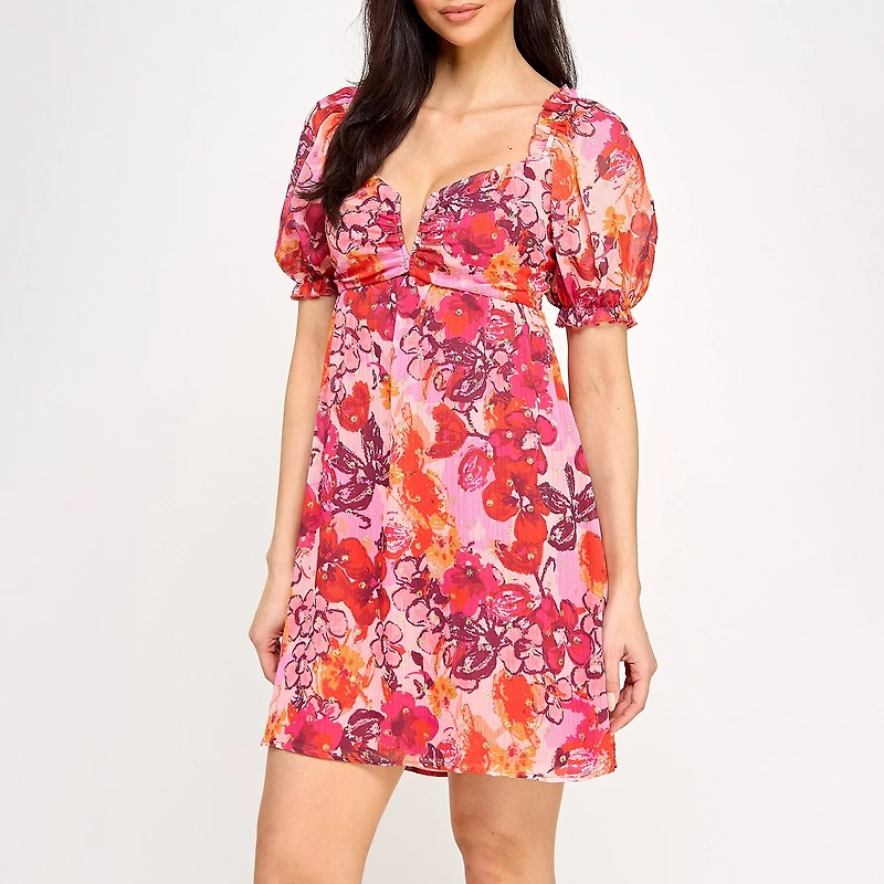 City Triangle Womens Juniors V Neck Short Sleeve Babydoll Dress