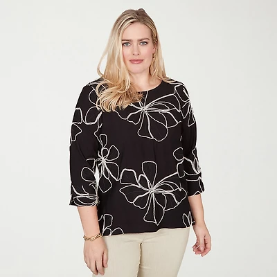 Alfred Dunner Detail Driven Womens Crew Neck 3/4 Sleeve Blouse