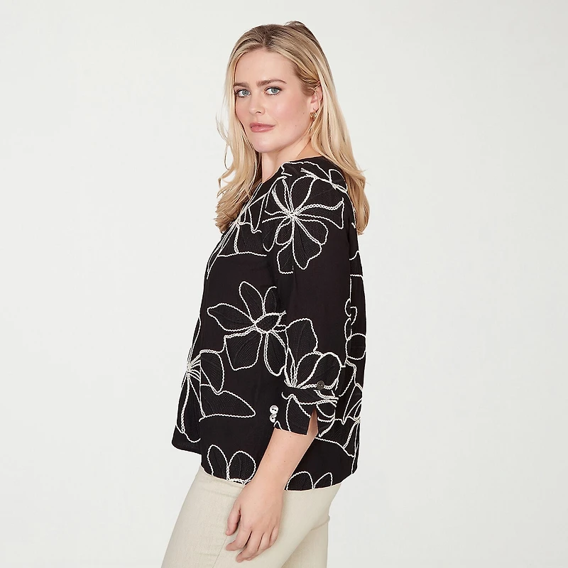 Alfred Dunner Detail Driven Womens Crew Neck 3/4 Sleeve Blouse