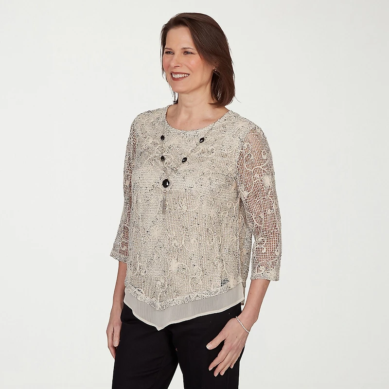Alfred Dunner Detail Driven Womens Crew Neck 3/4 Sleeve T-Shirt