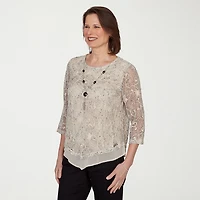 Alfred Dunner Detail Driven Womens Crew Neck 3/4 Sleeve T-Shirt