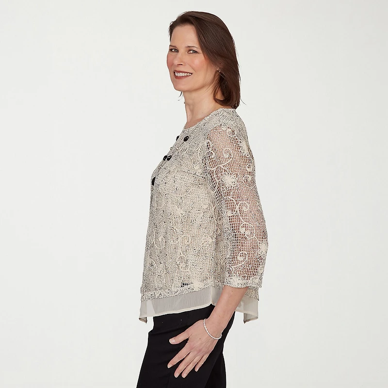 Alfred Dunner Detail Driven Womens Crew Neck 3/4 Sleeve T-Shirt